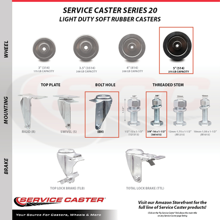 Service Caster 5 Inch SS Soft Rubber Wheel Swivel 3/8 Inch Threaded Stem Caster Brake SCC, 2PK SCC-SSTS20S514-SRS-381615-2-TLB-2